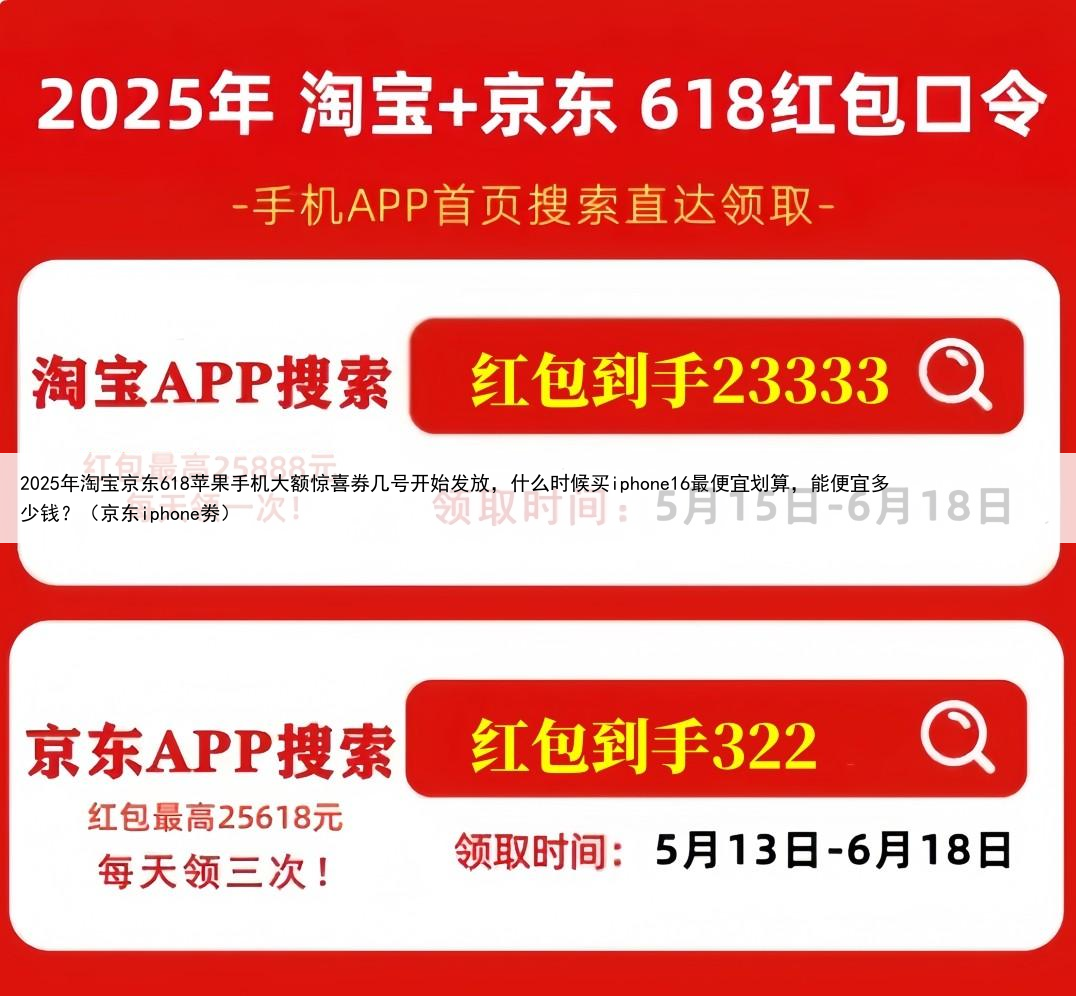 2025年淘宝京东618苹果手机大额惊喜券几号开始发放，什么时候买iphone16最便宜划算，能便宜多少钱？（京东iphone劵）