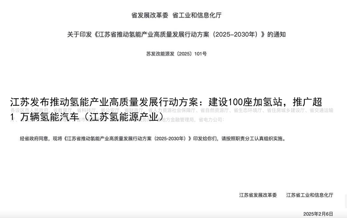 江苏发布推动氢能产业高质量发展行动方案:建设100座加氢站,推广超1 万辆氢能汽车(江苏氢能源产业)