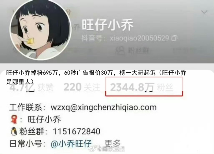 旺仔小乔掉粉695万，60秒广告报价30万，榜一大哥起诉（旺仔小乔是哪里人）