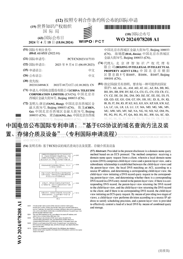 中国电信公布国际专利申请:“基于ECS协议的域名查询方法及装置、存储介质及设备”(专利国际申请流程)
