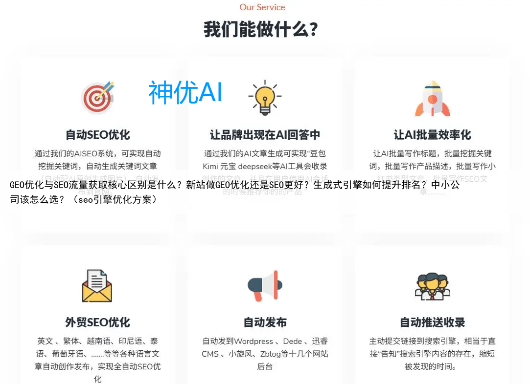 GEO优化与SEO流量获取核心区别是什么？新站做GEO优化还是SEO更好？生成式引擎如何提升排名？中小公司该怎么选？（seo引擎优化方案）