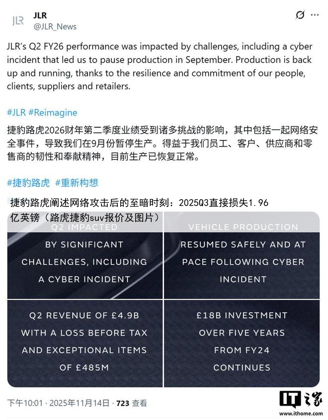 捷豹路虎阐述网络攻击后的至暗时刻:2025Q3直接损失1.96亿英镑(路虎捷豹suv报价及图片)