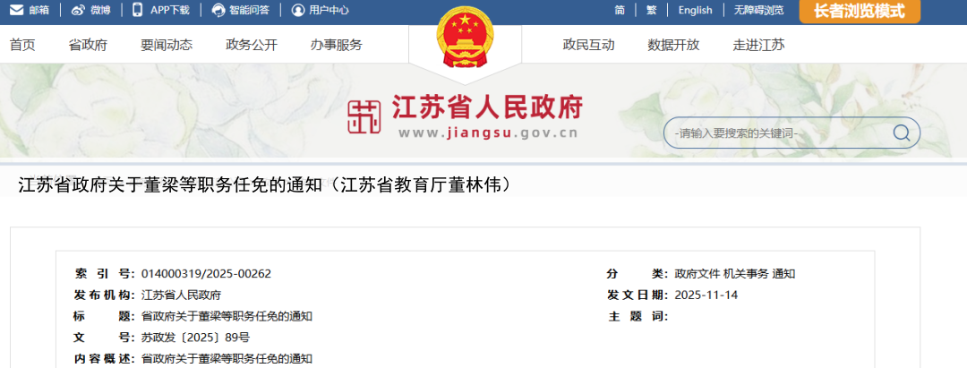 江苏省政府关于董梁等职务任免的通知（江苏省教育厅董林伟）